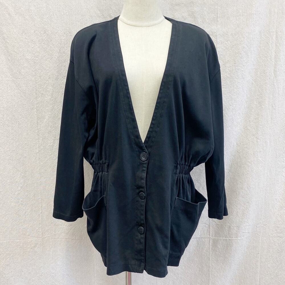 VINTAGE 80s/90s Cotton Adrienne Vittadini Blazer Cardigan w/ Pockets Black Large